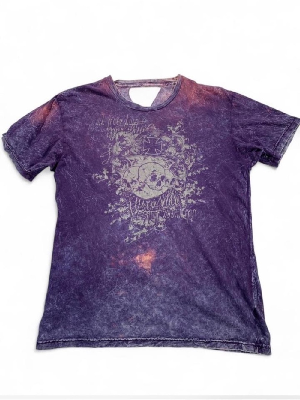 Y2K Purple Acid Washed Skull Graphic Tee in Purple Affliction Grunge Thrashed